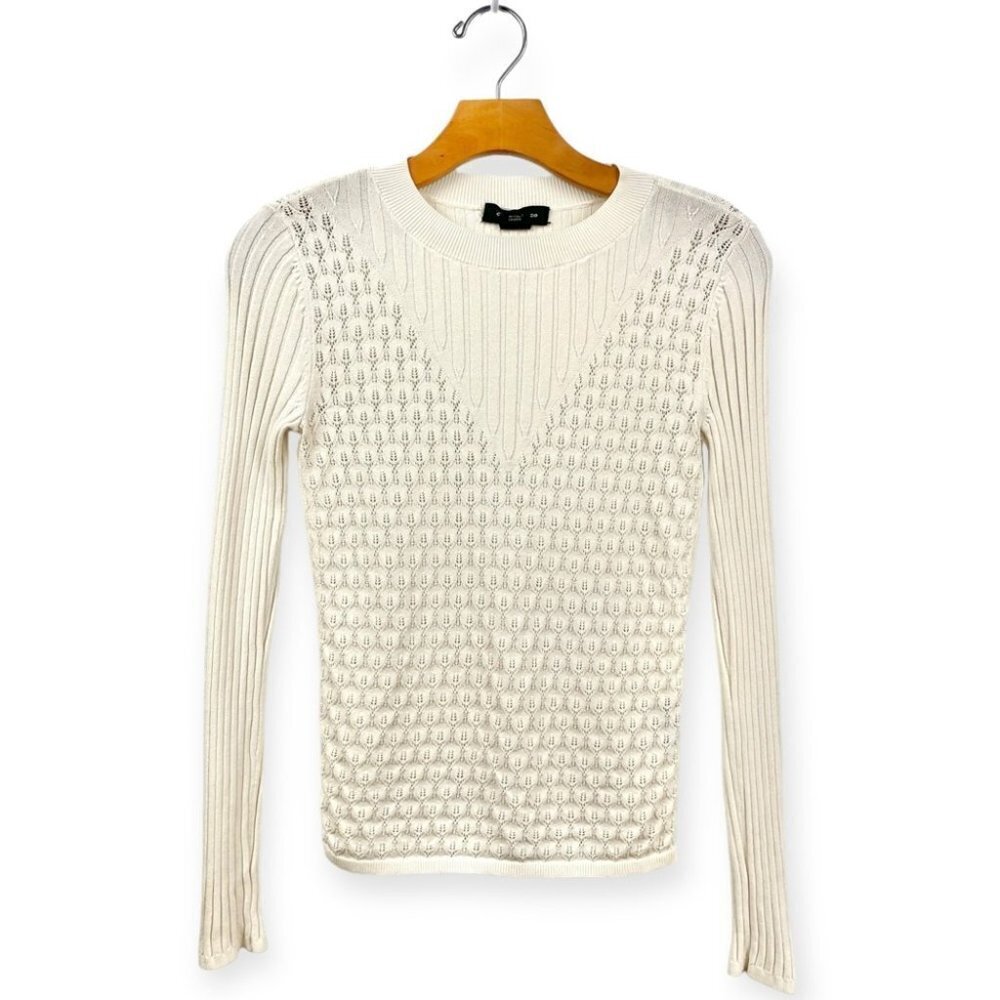 Club Monaco Cream Pointelle and Ribbed Knit Long Sleeve Light Gauge Sweater XS - Picture 2 of 6